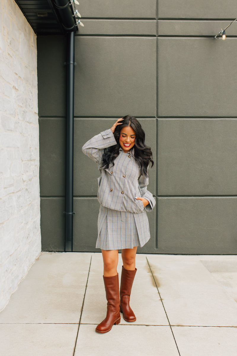 Plaid Cropped Trench Jacket - Navy & Taupe