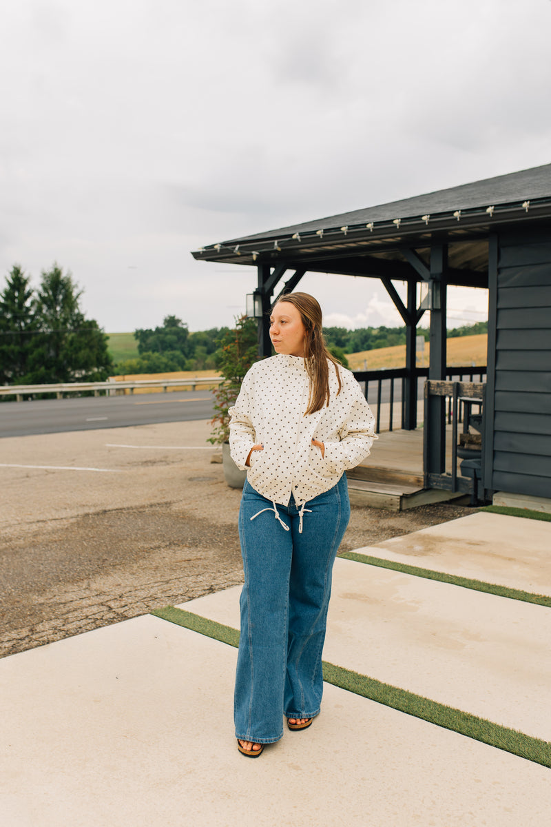 The Sienna Jacket | Polka Dot Turtleneck Bomber Jacket - Cream & Brown