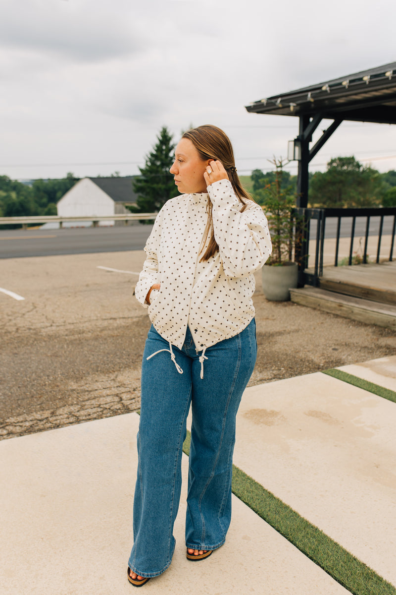 The Sienna Jacket | Polka Dot Turtleneck Bomber Jacket - Cream & Brown