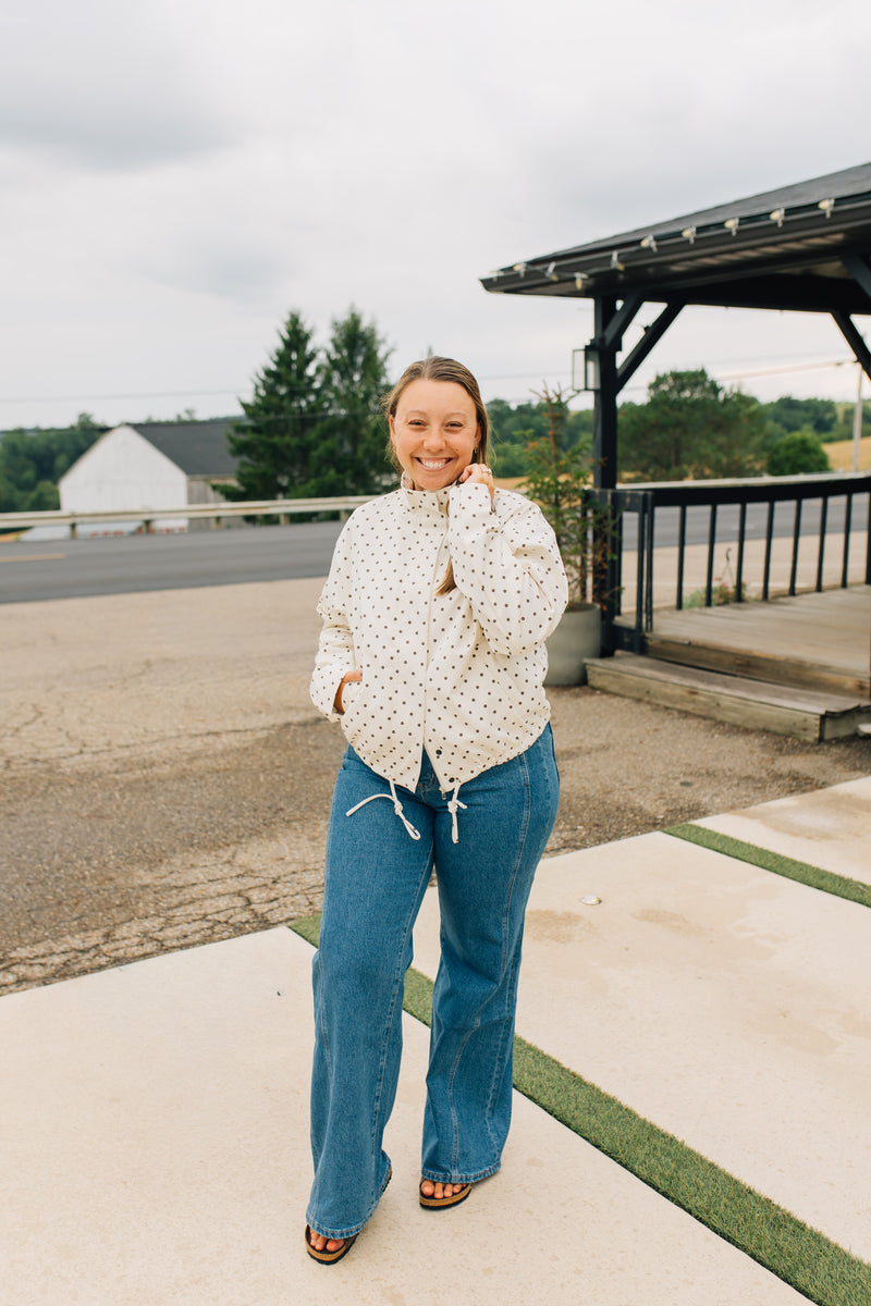 The Sienna Jacket | Polka Dot Turtleneck Bomber Jacket - Cream & Brown
