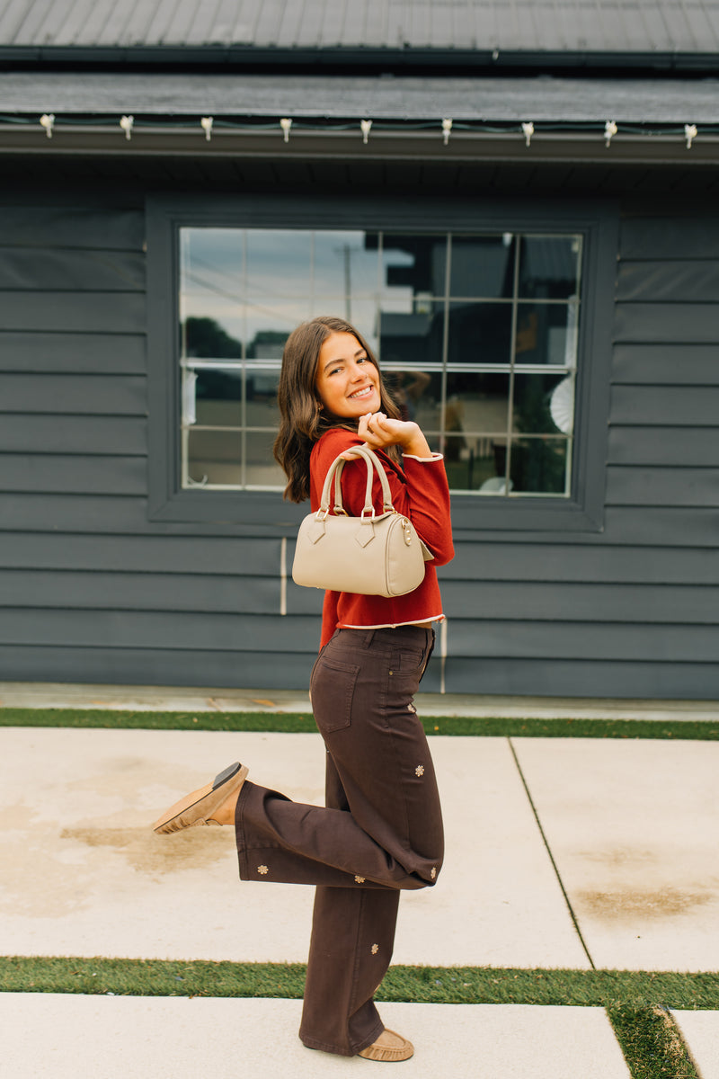 Charlie B • Wide Leg Twill Pants W/ Front Embroidery - Coffee