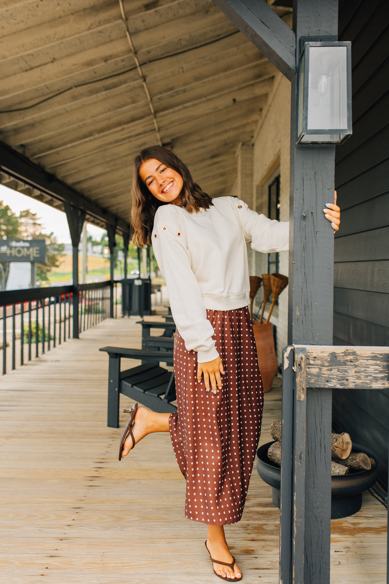 Polka Dot Satin Midi Skirt - Chocolate & White