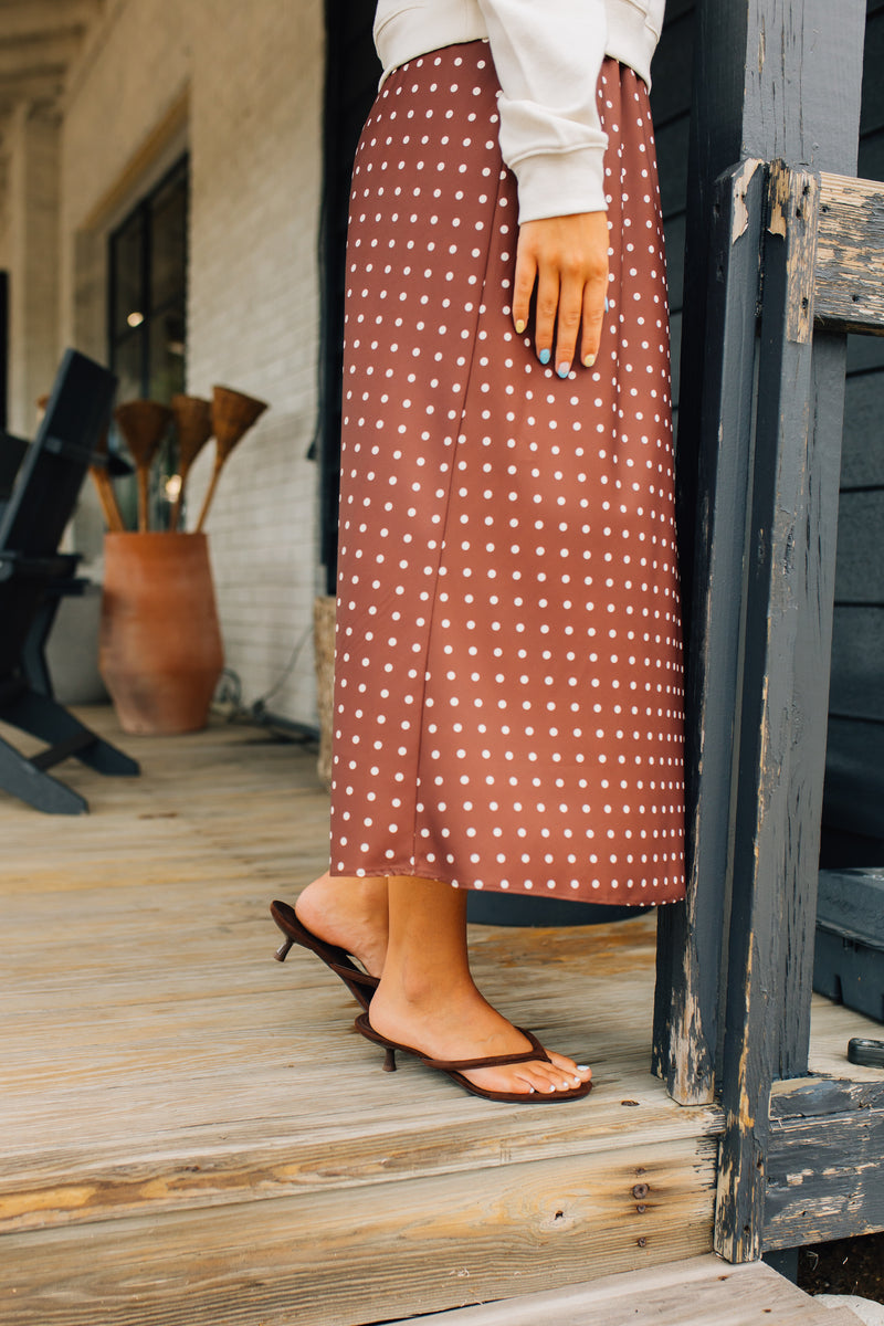 Polka Dot Satin Midi Skirt - Chocolate & White