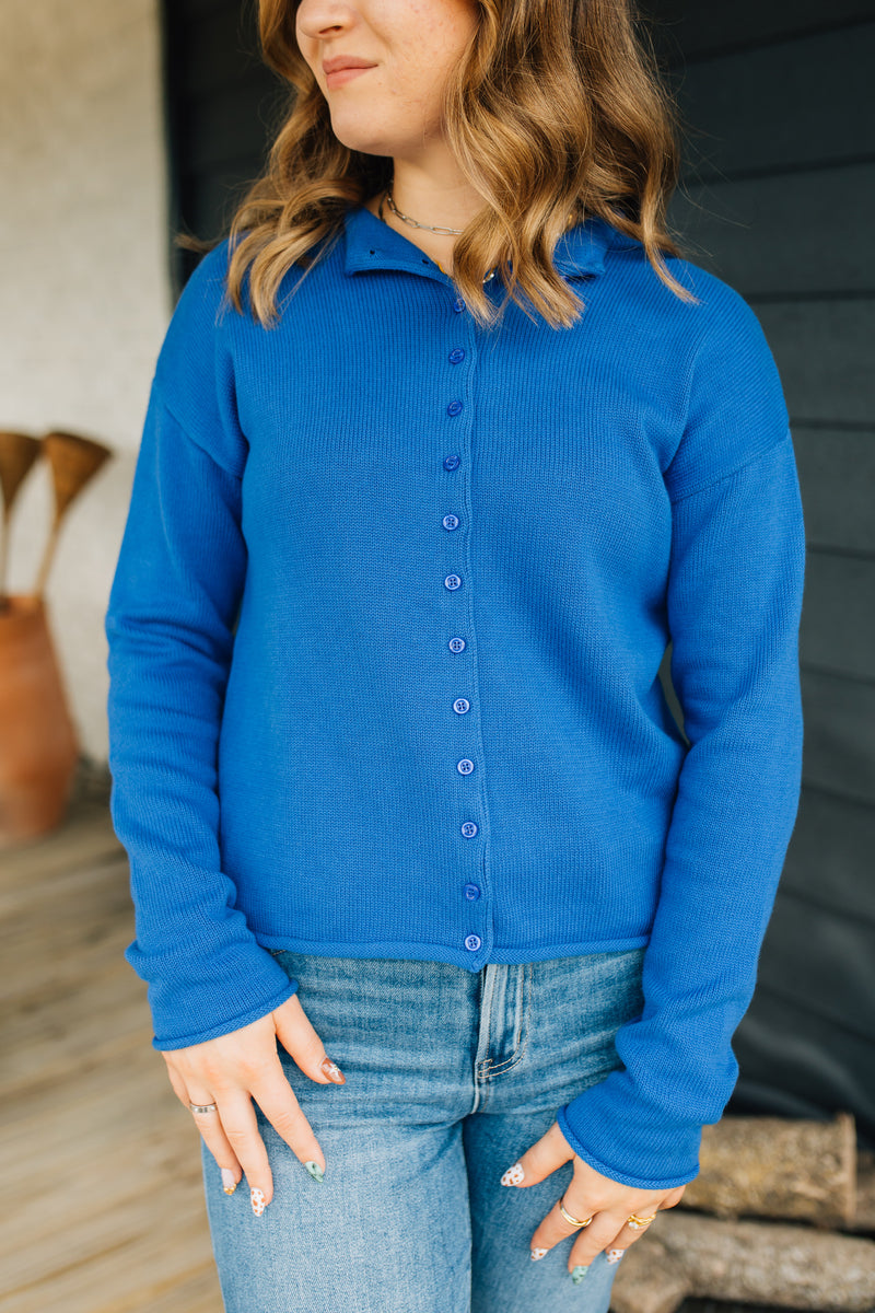 The Marlo Cardigan | Raw Hem Button-Down Cardigan - Blue
