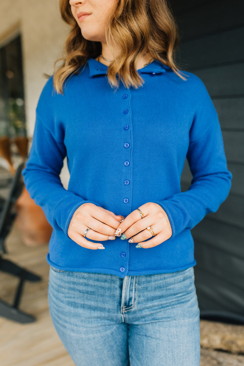 The Marlo Cardigan | Raw Hem Button-Down Cardigan - Blue