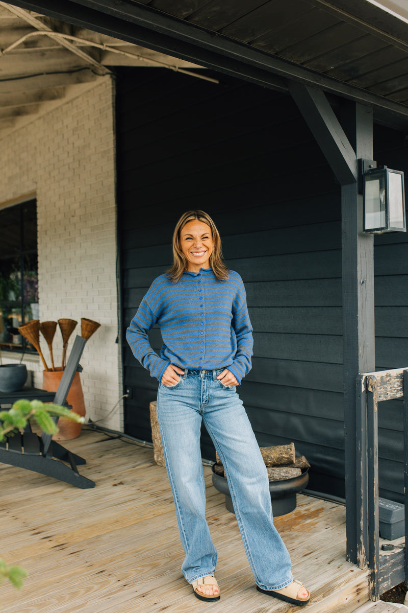 The Cecelia Cardigan | Striped Mock Neck Cotton Cardigan - Blue & Grey