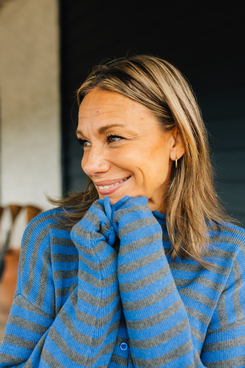 The Cecelia Cardigan | Striped Mock Neck Cotton Cardigan - Blue & Grey