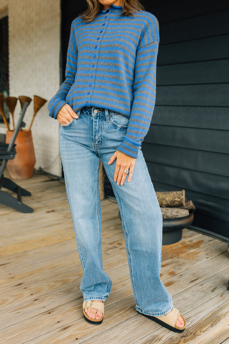 The Cecelia Cardigan | Striped Mock Neck Cotton Cardigan - Blue & Grey