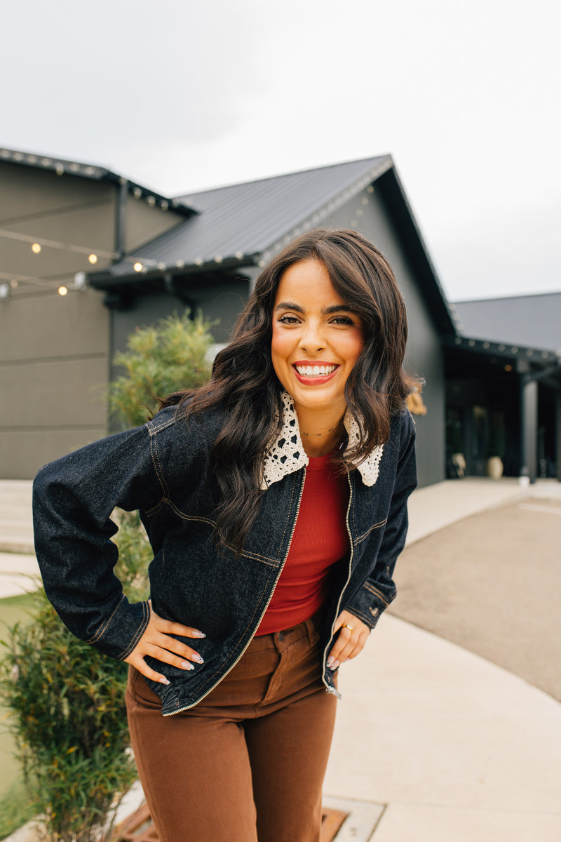 Crochet Collar Denim Jacket - Black Demin