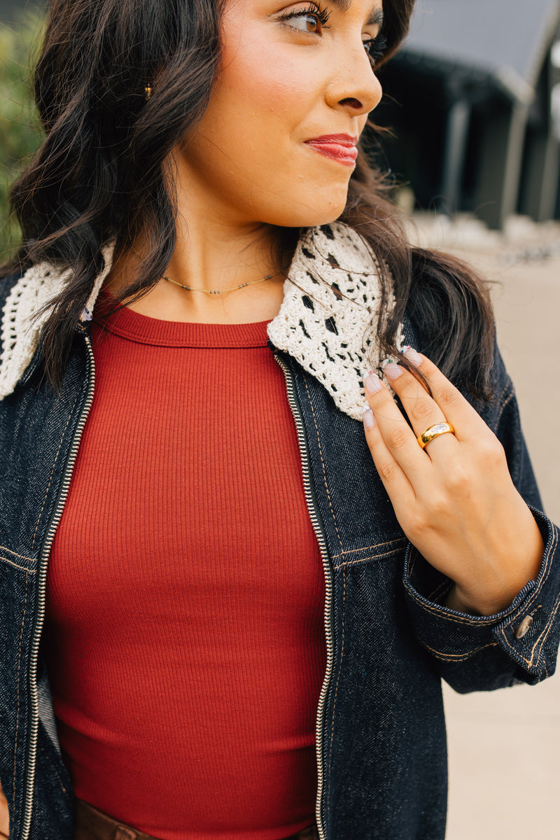 Crochet Collar Denim Jacket - Black Demin