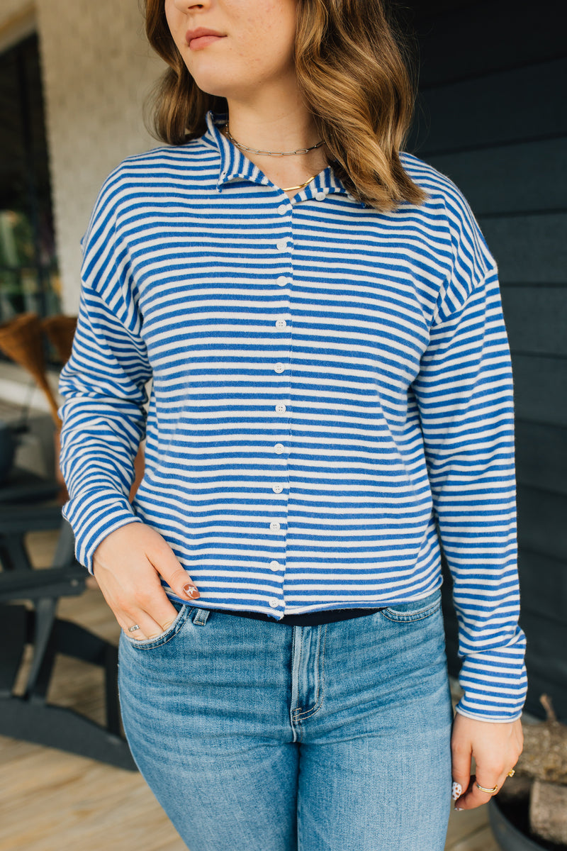 The Elisa Cardigan | Striped Button-Down Cardigan - Blue & Cream