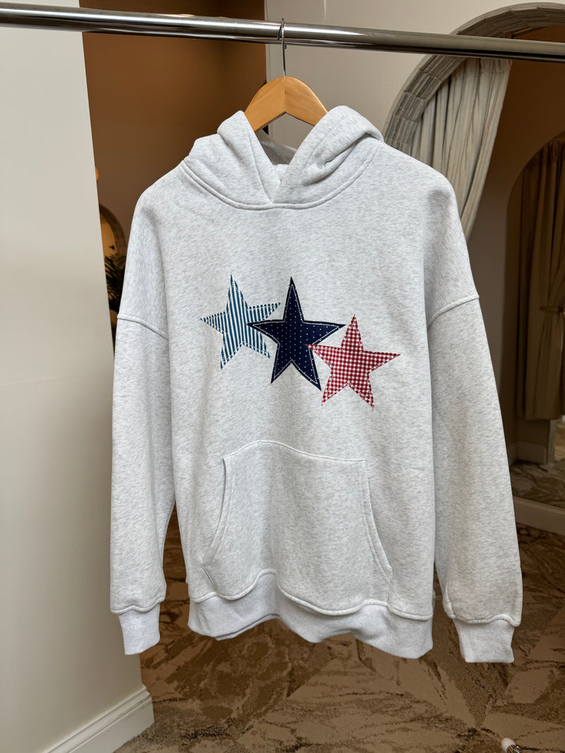 3 Star Embroidered Hoodie - Grey