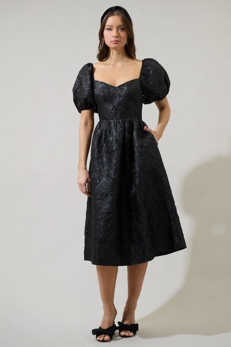 Jacquard Puff Sleeve Midi Dress - Black