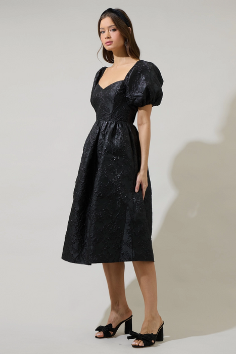 Jacquard Puff Sleeve Midi Dress - Black