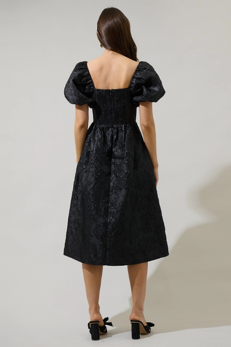 Jacquard Puff Sleeve Midi Dress - Black