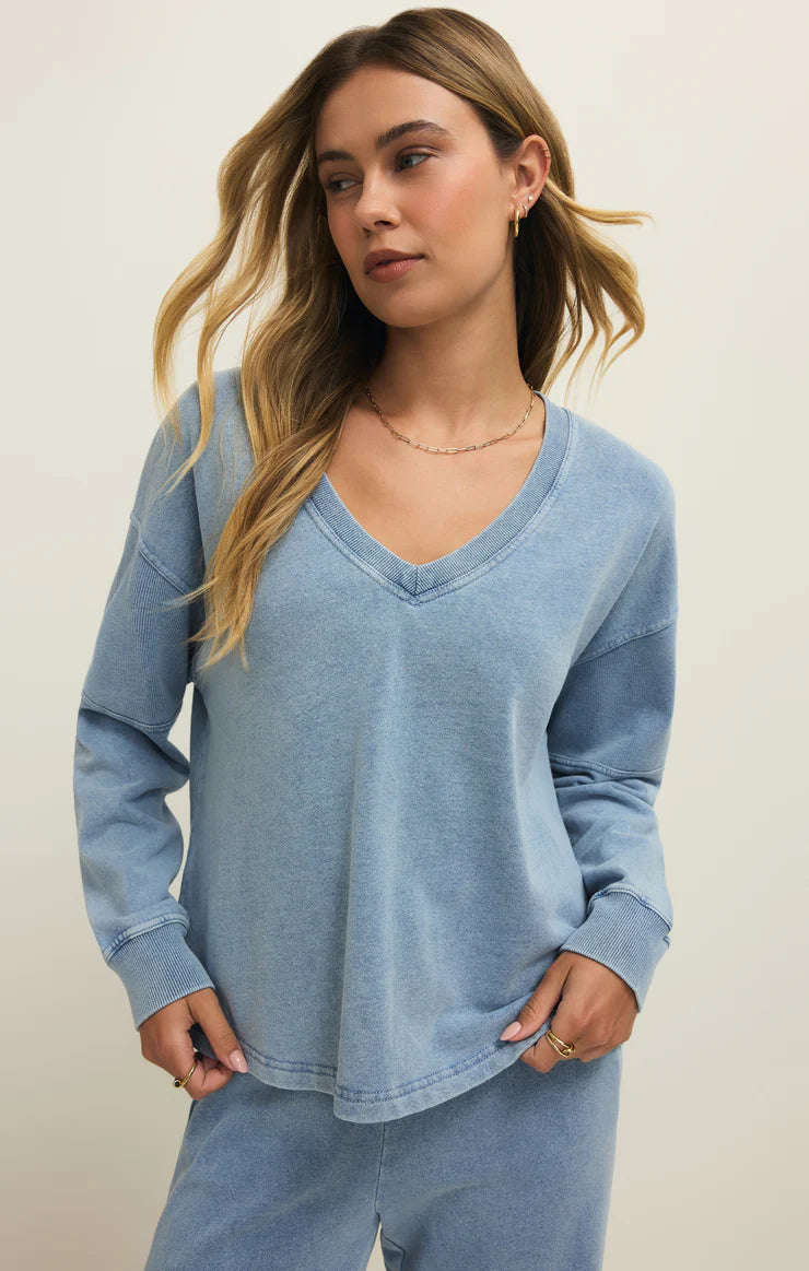 Delphine Knit Denim Sweatshirt - Ocean Air/Indigo