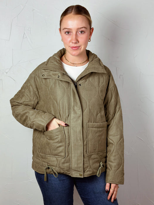 Quilted Puffer High Collar Jacket - Olive