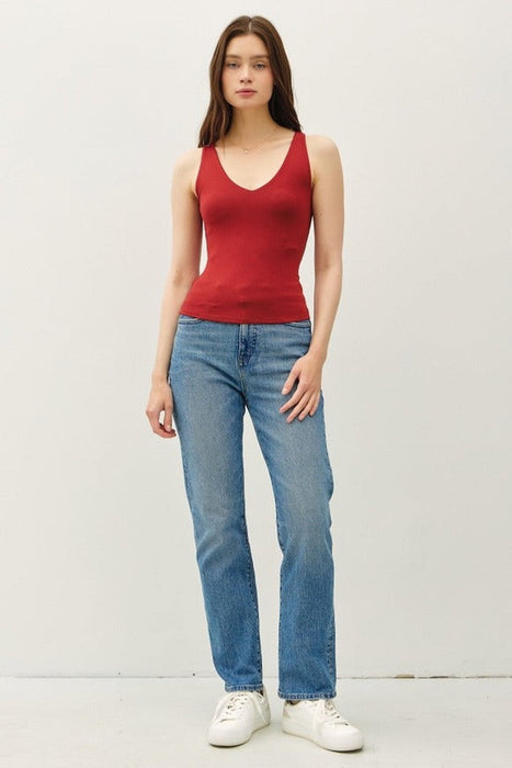 Double Lined V Neck Basic Tank - Scarlet