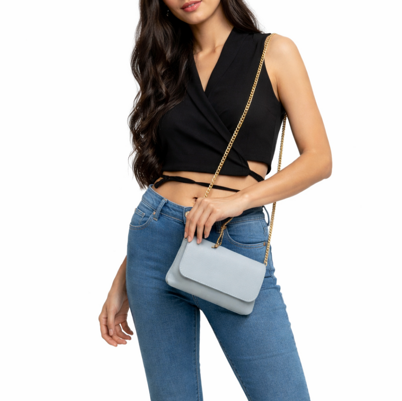 Genuine Italian Leather Crossbody Clutch - Light Blue