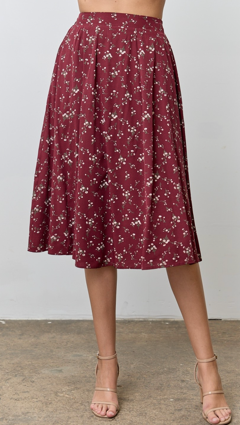 Floral Print Midi Skirt - Burgundy