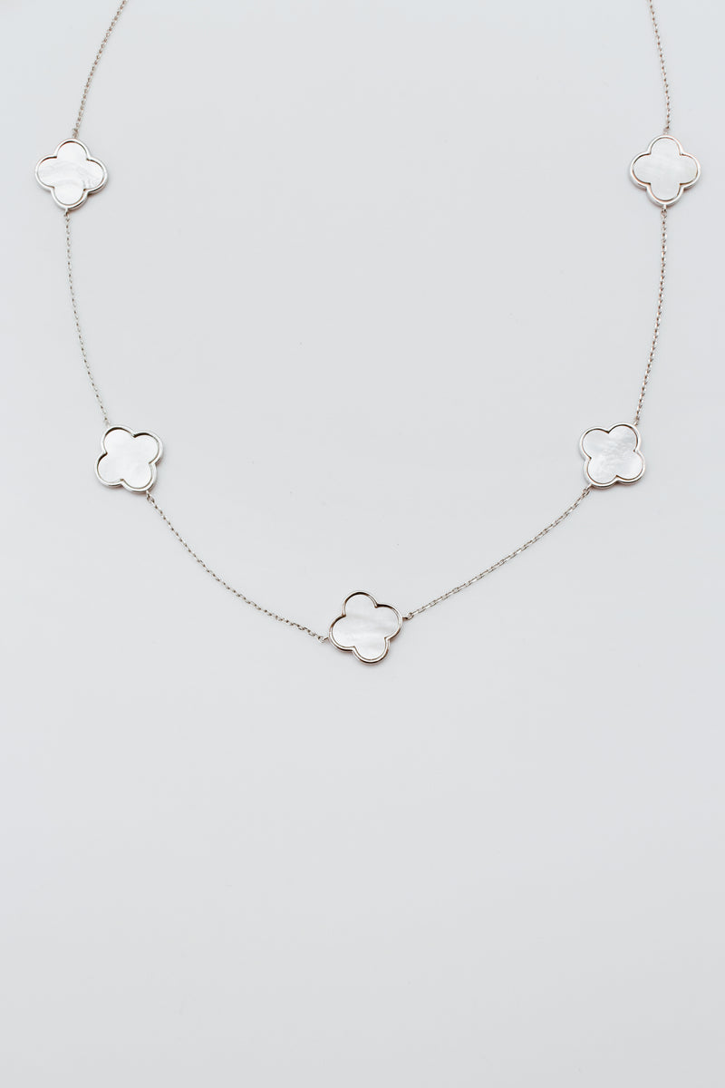 Rhodium Plated Jumbo MOP 5 Clover Station Necklace