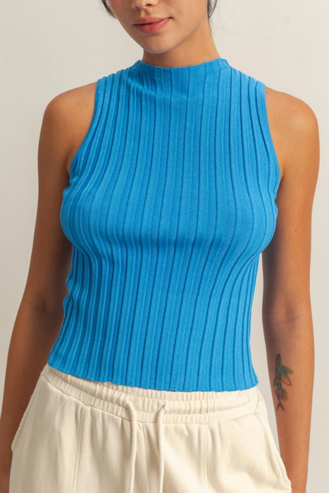 Ribbed Mock Neck Knit Top - Blue