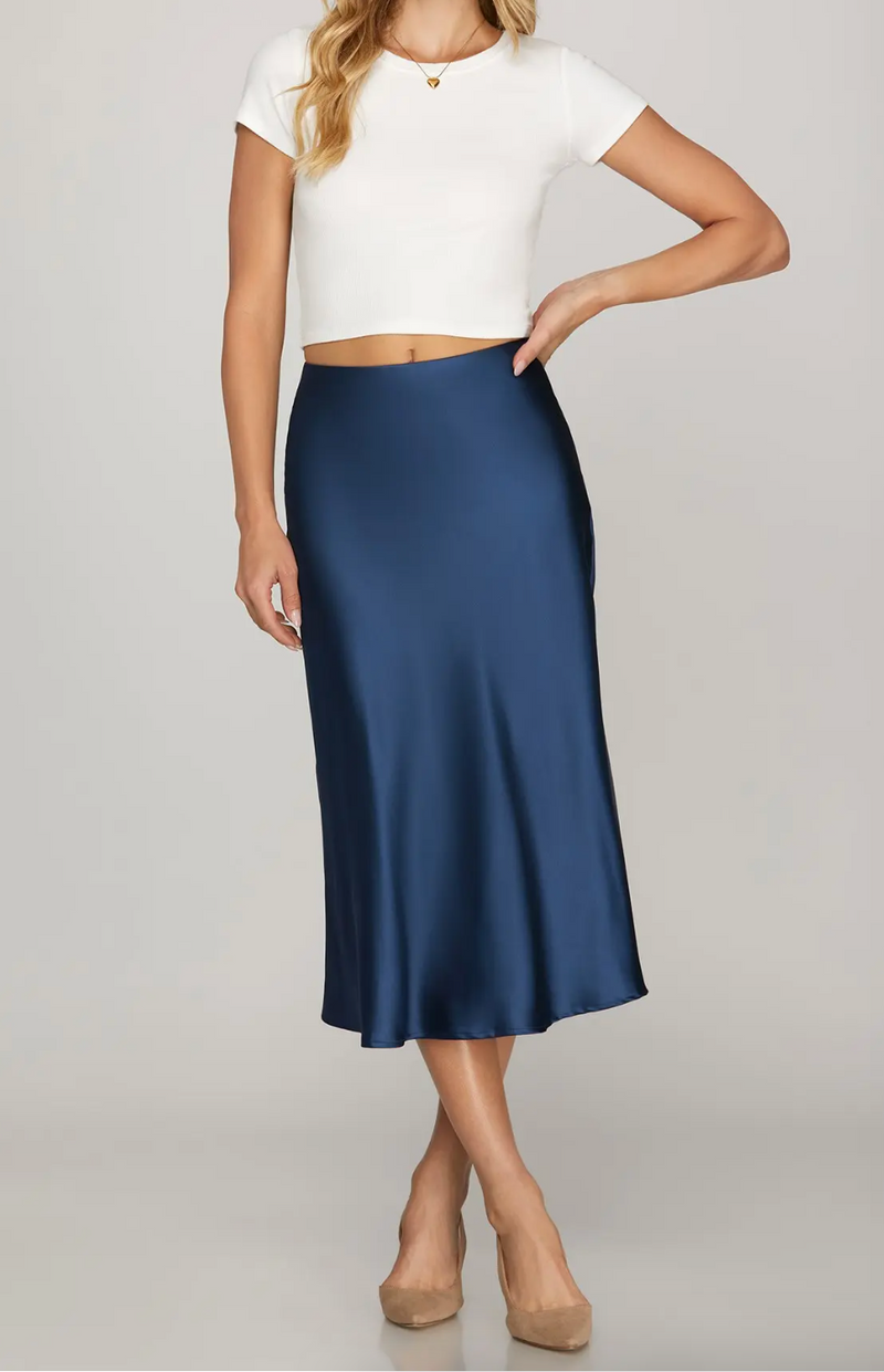 Satin Midi Skirt - Navy