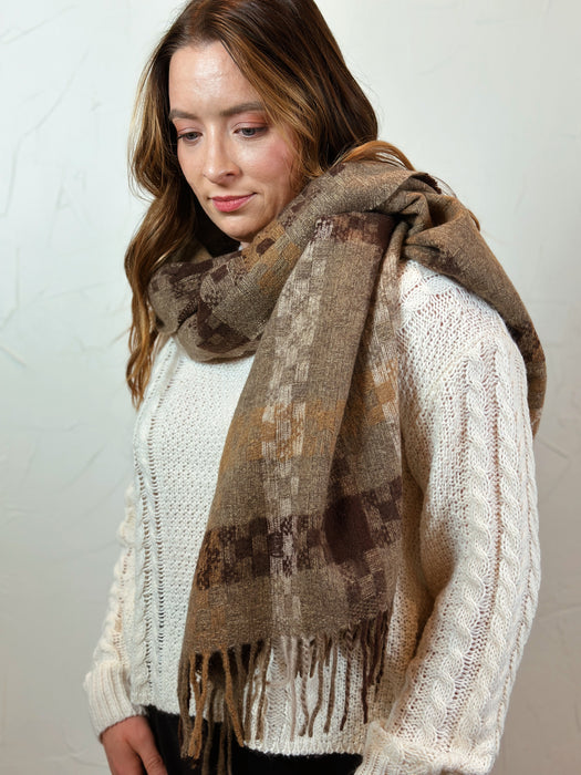 Checkered Plaid Winter Scarf - Taupe