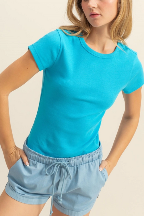 Ribbed Short Sleeve - Aqua Blue