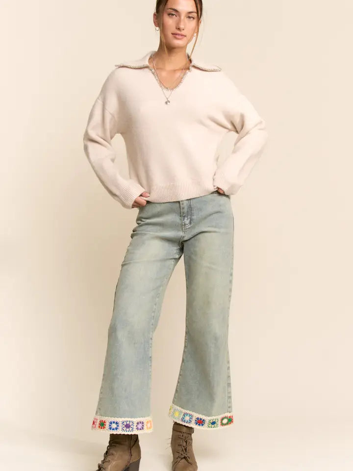 V Neck Sweater Cream - Beige (Curvy)