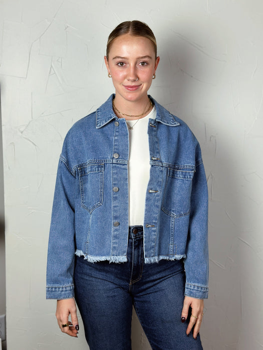 Cropped Raw Hem Denim Jacket - Medium Wash