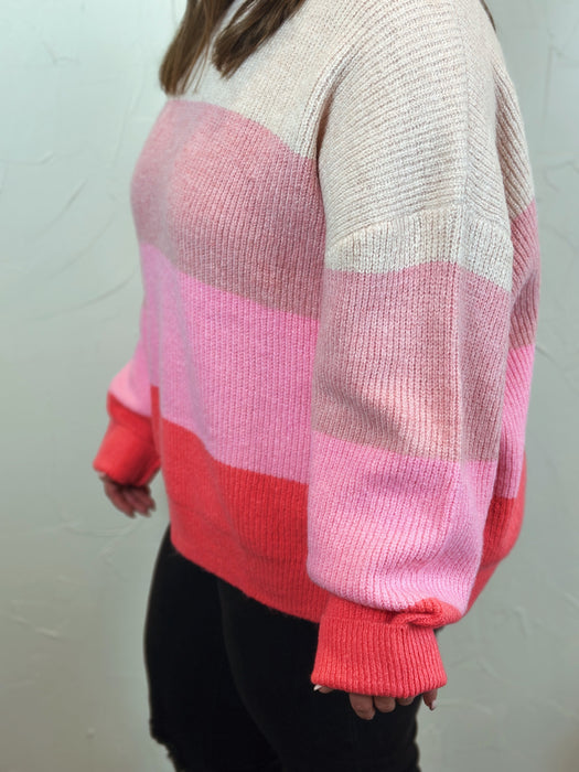 Long Sleeve Round Neck Stripe Color Block Sweater - Cream/Pink