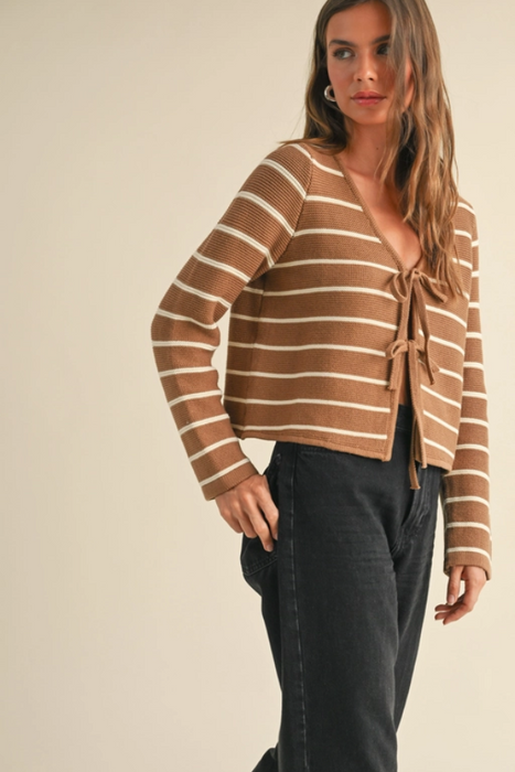 Striped Tie Front Cardigan - Mocha/White