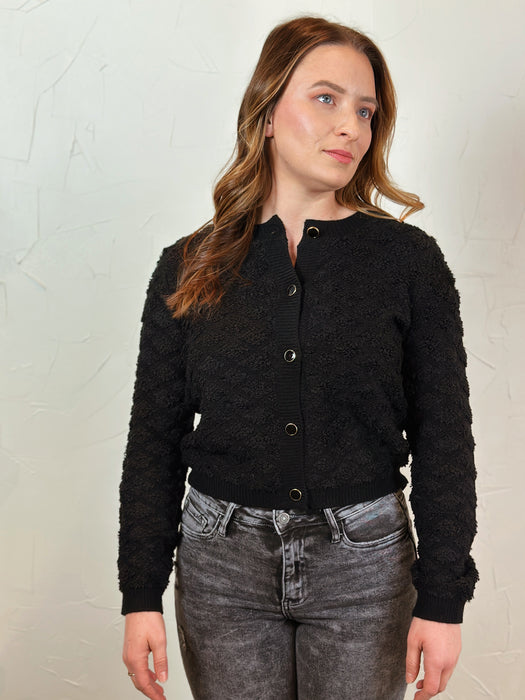 Fluffy Diamond Quilt Button Up Cardigan - Black