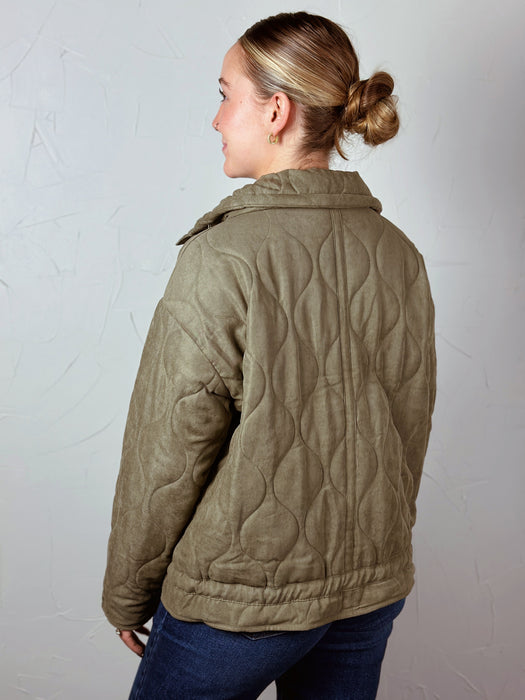 Quilted Puffer High Collar Jacket - Olive