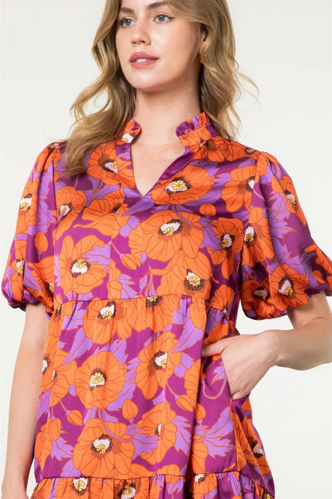 Puff Sleeve Floral Print Dress Orange Purple