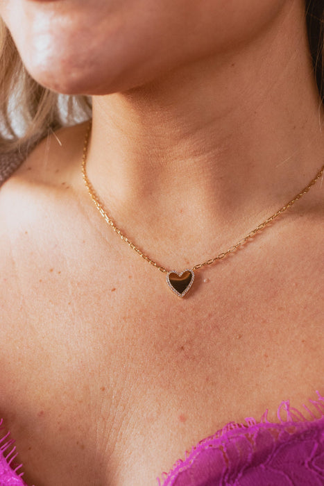 Gold Plated Heart Necklace with Pave Border & Paperclip Chain