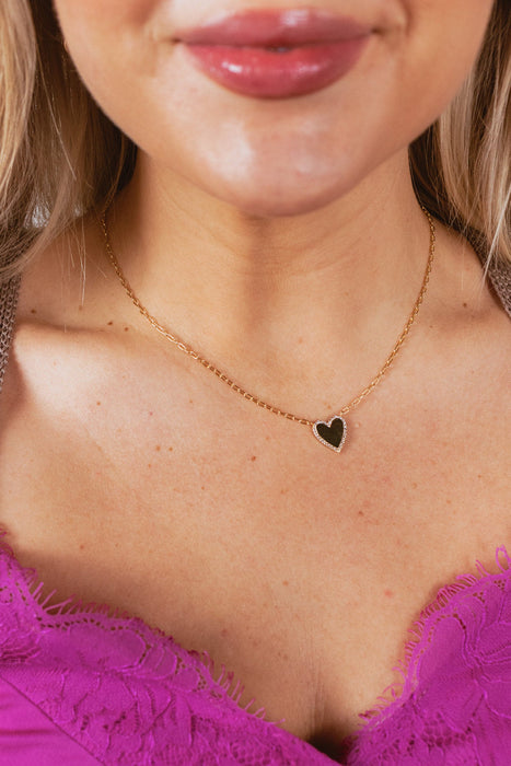 Gold Plated Heart Necklace with Pave Border & Paperclip Chain