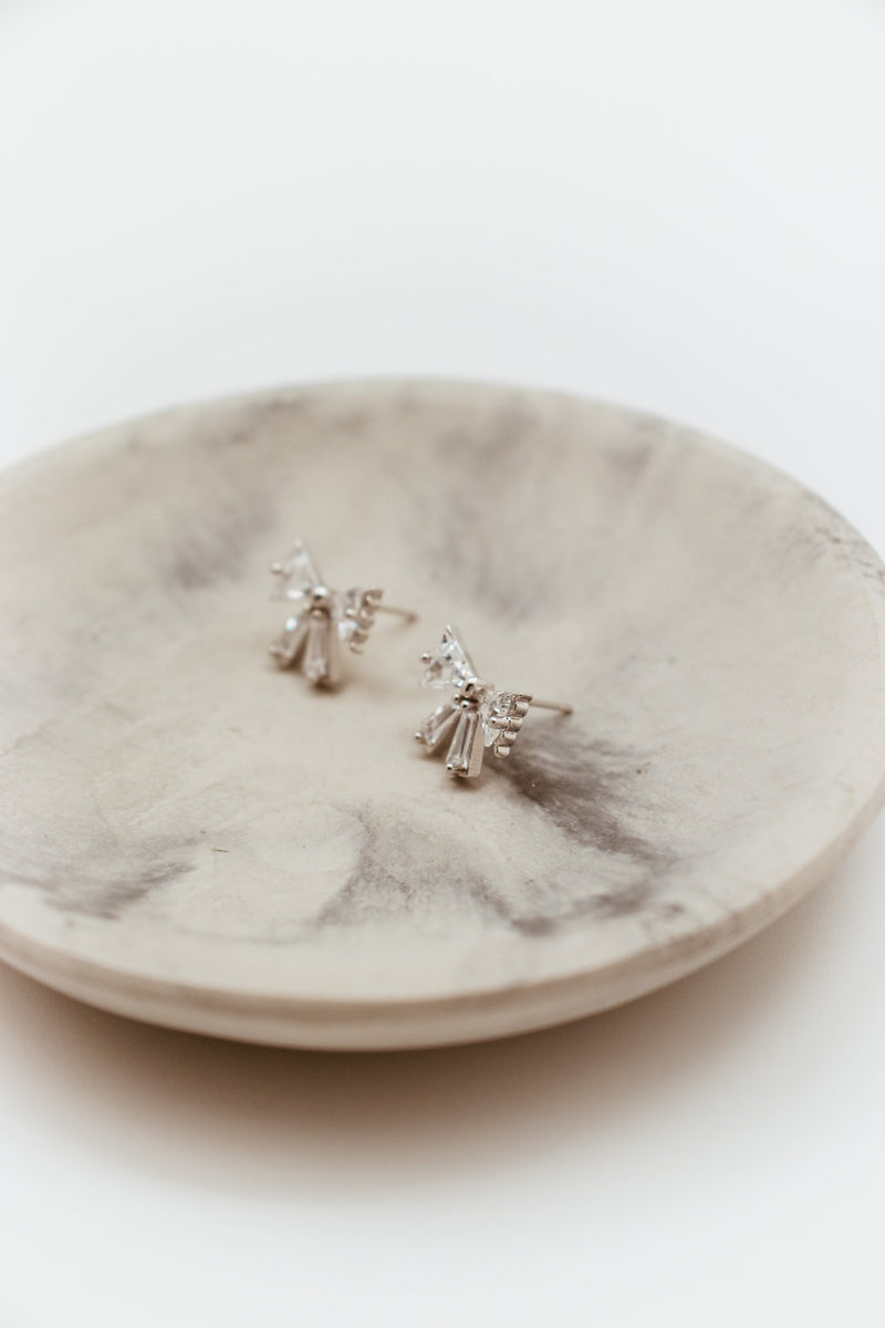 Sterling Silver Plated Scalloped Edge CZ Baguette Bow Stud Earrings