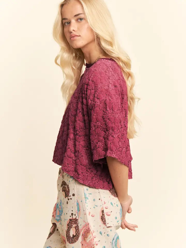 Boxy Floral Lace Top  - Burgundy- Curvy