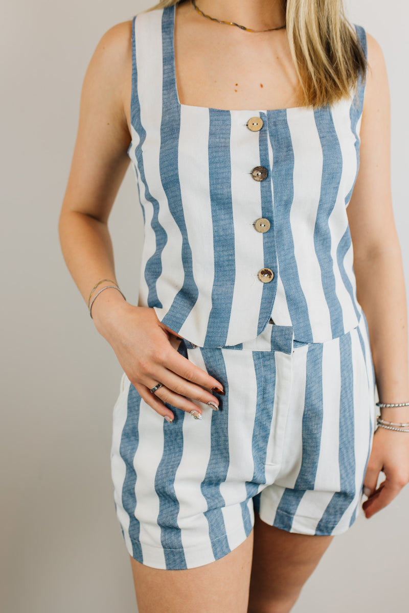 Stripe High Waist Linen Shorts - Navy