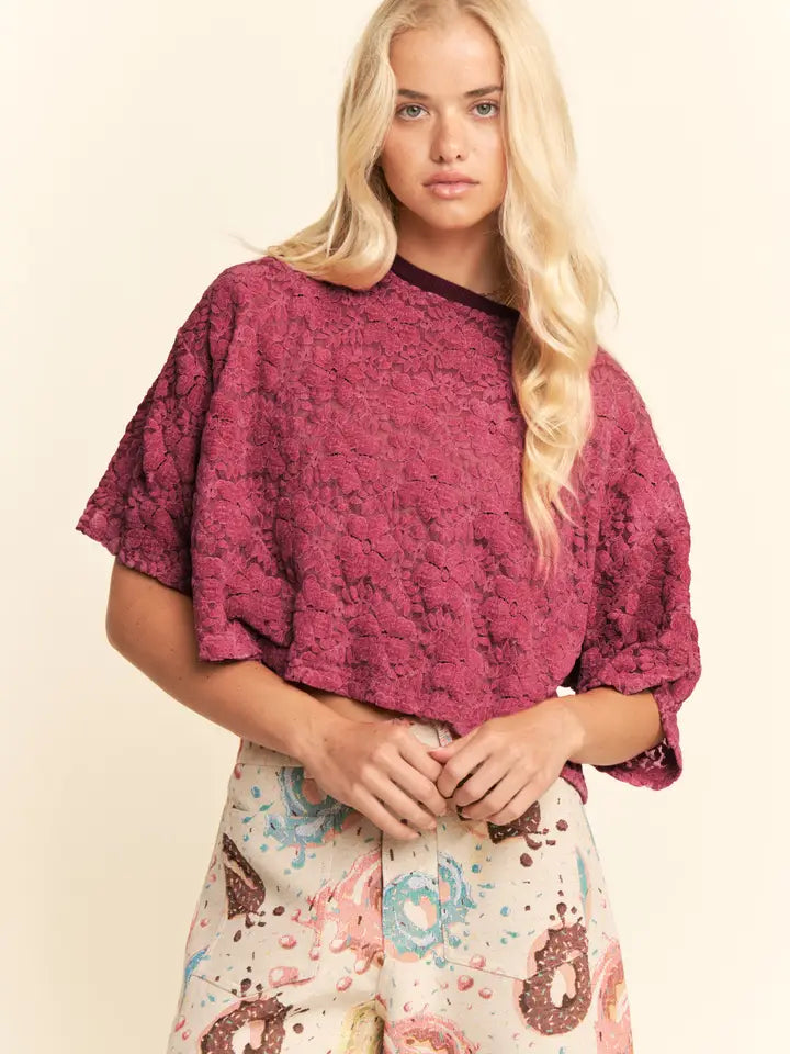 Boxy Floral Lace Top  - Burgundy- Curvy