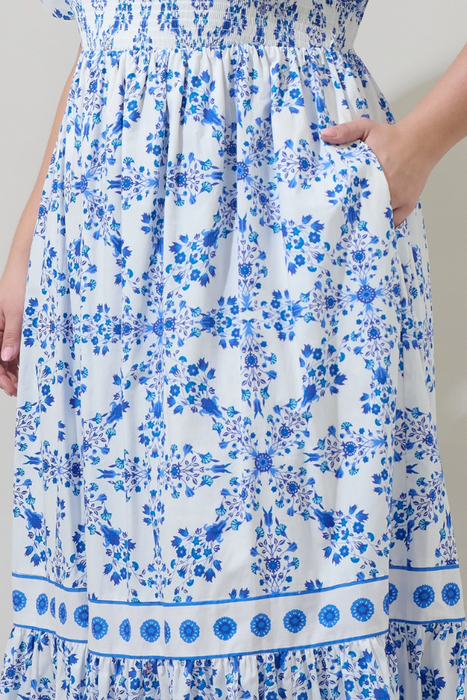 Floral Smocked Maxi Dress - White/Blue