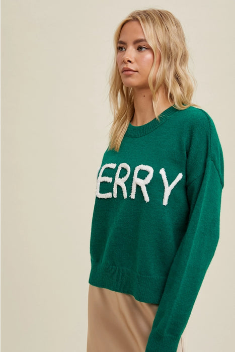 Merry Fluffy Patch Sweater - Green/White