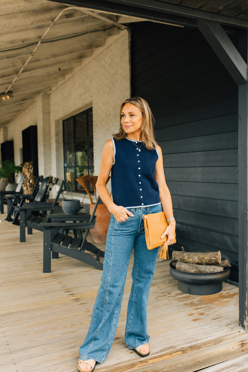 The Lisa Top | Contrast Band Sleeveless Cardigan - Navy & Light Blue