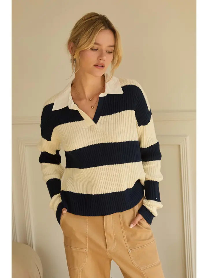 Striped Polo Sweater Cream - Navy