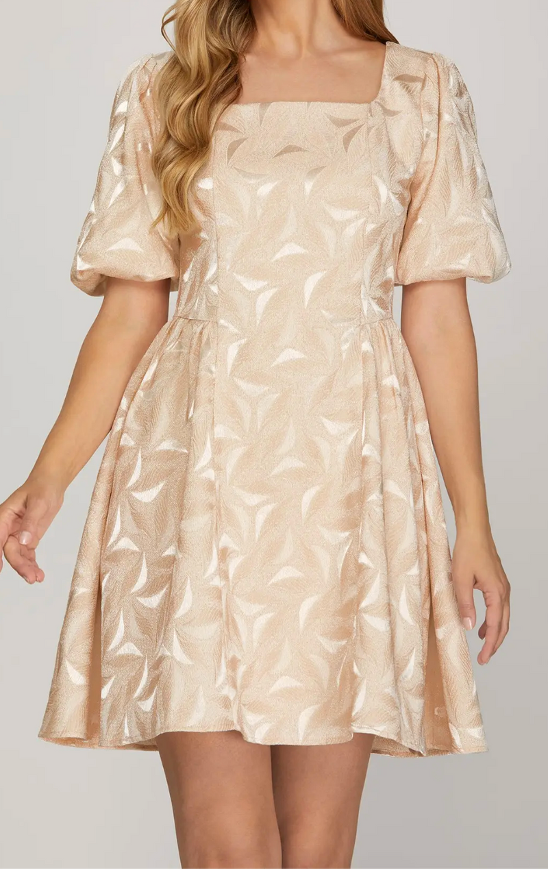 Puff Sleeve Square Neck Woven Jacquard Mini Dress - Champagne