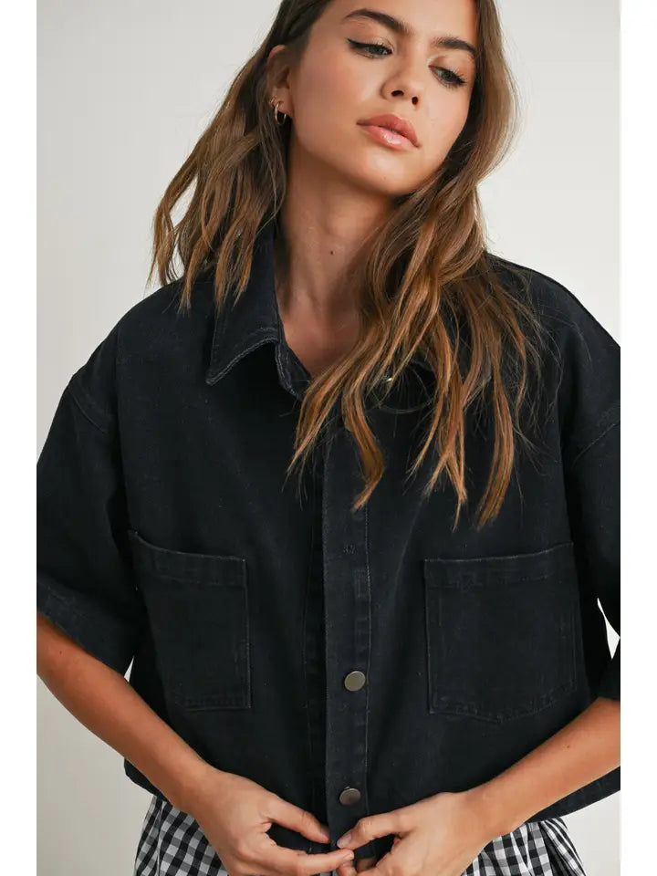 Button Front Cropped Shirt - Black