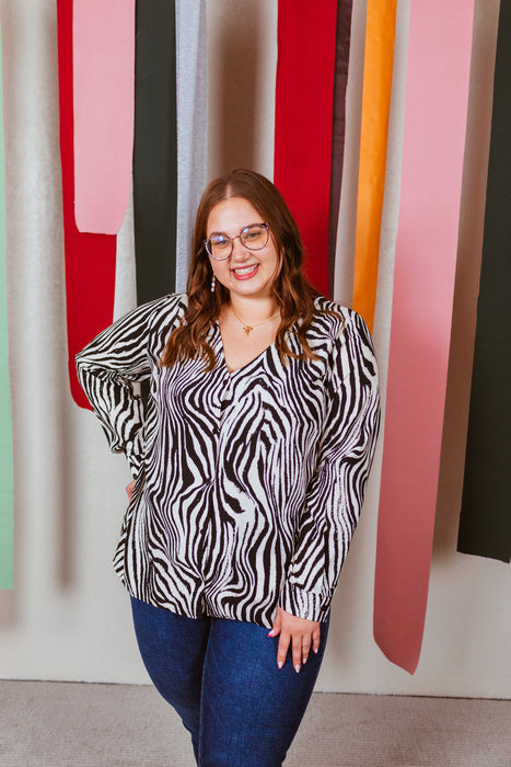 Long Sleeve V Neck Button Down Animal Print Top - Black/Cream