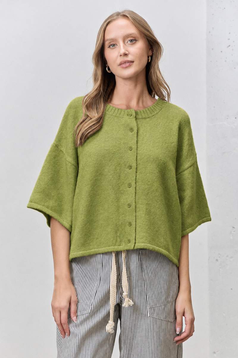 Button Up Short Sleeve Knit Cardigan - Green (Curvy)